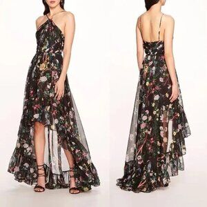 NWT Marchesa Notte Flowering Floral Keyhole High Low Gown Black Combo Size 6